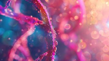 Defocused background image of vibrant DNA helix bokeh streams intertwining in a mesmerizing double helix formation. The blurred colors symbolize the complexity of bioinformatics and photo