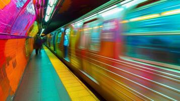 Blurred colors and shapes blend together as the hustle and bustle of the citys underground transportation system comes to life. As trains glide in and out of the station the background photo