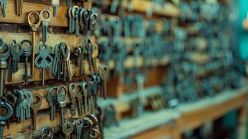 The blurred background of the locksmiths puzzle reveals rows upon rows of intricate locks and keys waiting to be solved by skilled hands. photo