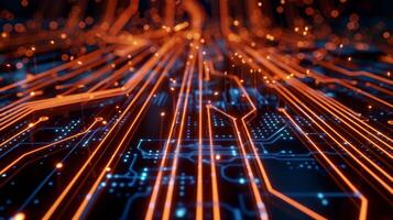 Indistinct background image of glowing digital lines coursing through electronic circuitry representing the constant flow of data that drives and shapes the world of electronics and photo