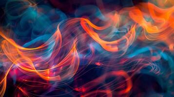 Blurred shimmering threads of light overlap and twist creating a mesmerizing background reminiscent of the complex and intricate patterns found in audio visualization. photo