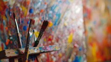 A soft blur of colorful paint splatters and blurred brushes create a vibrant backdrop to the main focus of an artists easel waiting to be filled with a masterpiece. photo