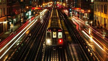 In the urban night the chaotic glow of subway lights blurred with the powerful rush of trains creating a mesmerizing landscape of kinetic energy in the Jungle of Iron and Light. photo