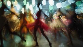 Soft focus bokeh of various colors and sizes creates a dreamlike background for the ballets dancers. The blurred shapes suggest the constant motion and dizzying pace of travelers hurrying photo