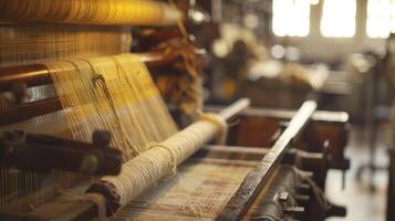 Intangible creations Soft lighting accentuates the blurred backgrounds of a textile workshop where mystical threads delicately dance around antique looms. photo
