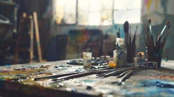The hazy background of an artists studio reveals a myriad of blurred paint tubes and brushes tered around a tabletop palette adding to the creative chaos of the space. photo