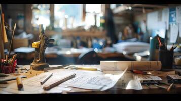 A soft out of focus view of a cluttered work table filled with various tools and plans evokes the intensity and creativity of an architects mind at work. photo