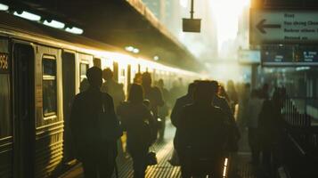 A blurred silhouette of a crowded subway platform against a backdrop of hazy skysers capturing the bustling energy and poetic flow of city dwellers and their constant transit. photo