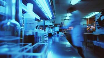 A defocused view of a forensic laboratory showcasing a variety of hightech tools and specialized equipment used in crime scene investigation. The scene is full of motion and energy photo