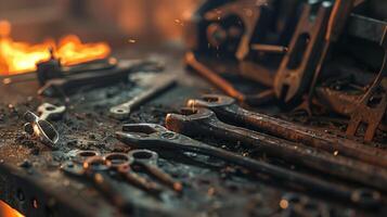 Rusty worn tools sit forgotten on a cluttered workbench in a sea of blurred embers a dreamlike haze enveloping the image. photo
