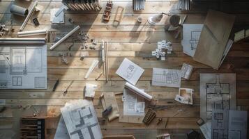A hazy mix of wooden planks metallic tools and detailed blueprints create the perfect environment for architects to dream and design. photo