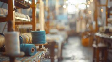 Defocused workshop An airy atmosphere envelops a textile workshop where faint glimpses of looms thread spools and needles create a hazy dimension. photo