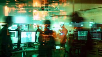 Blurry silhouettes of researchers hover over glowing screens and flashing monitors creating a sense of hushed progress in the experimental physics lab. photo