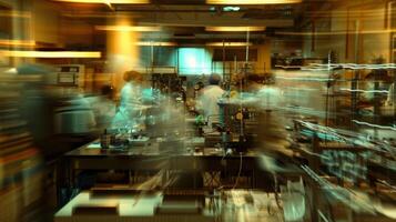 Blurred rows of advanced scientific instruments and equipment creating a backdrop for a group of researchers intently studying their findings. photo