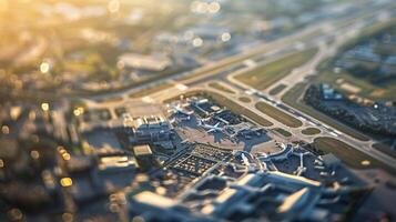 A softfocused aerial shot of a sprawling airport complex with blurred runways terminals and planes in the distance representing the fluid and everevolving nature of air travel and photo
