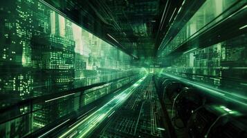 A disorienting blurring of circuit boards and machinery resembling a digital ocean leading to an unknown and ominous destination. photo