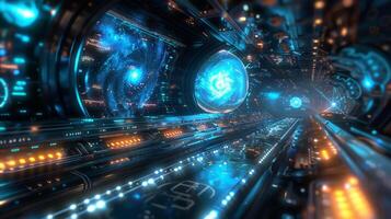 Twinkling stars and swirling galaxies form the backdrop of a futuristic control room the details blurred and distorted in the deep void beyond. photo