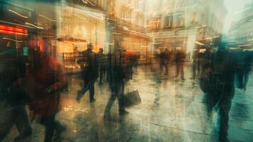 Soft edges and blurred shapes create a sense of movement and urgency as if the viewer is caught in the midst of a rush hour crowd on the go. photo