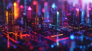 Defocused layers of dark and vibrant colors merge together in this futuristic cyberpunk cityscape creating an electrifying skyline reminiscent of a hightech control panel. Vivid neon photo