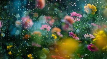 Rainy Garden Mirage A distorted but enchanting view of a luscious garden seen through a mist of raindrops. The defocused background creates a whimsical illusion as if the garden is photo