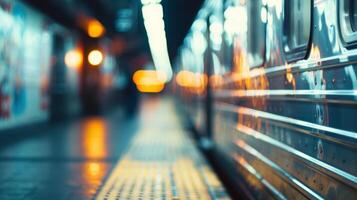 Bright lights and blurred buildings add to the bustling energy of this defocused urban scene with the subway platform serving as a hub of constant activity and movement. photo