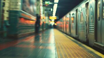 Amidst the blur of colorful adver and moving trains the lively hum of a busy city can be felt on this defocused subway platform. photo