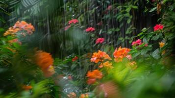 A blurred scene of vibrant blooms and dense foliage representing the vibrant energy and rejuvenation of monsoon showers in a tropical locale. photo