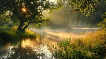 The peaceful stillness of the enchanted clearing its surroundings blurred and mysterious through the veil of morning mist inviting you to explore its magical secrets. photo