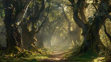 As the sun filters through the mist the shapes of towering trees and winding paths blur together in a captivating display of natures magic in Fairy Tale Forest. photo