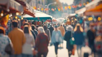 Defocused view of a crowded outdoor market with the hustle and bustle of shoppers and vendors creating a chaotic yet lively backdrop for the city symphony. photo