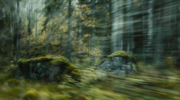In the depths of the silent wilderness the trees and mosscovered rocks are obscured by a gentle blur creating a sense of tranquility and solitude. photo