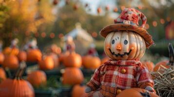 A blurred background of a pumpkin patch featuring rows of plump pumpkins and whimsical scarecrows embodying the cozy and festive atmosphere of a bumpkinthemed event. photo