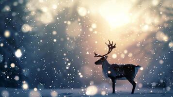 In a dreamy winter scene a reindeer is silhouetted against a blurred snowy background with s of soft falling snowflakes. photo