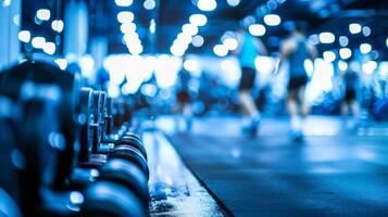 Blurred background of a weight room capturing the vibrant energy and determination of gymgoers lifting heavy weights representing the incredible power hidden within each individual. photo
