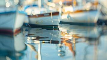 In this defocused image a mix of elegant and rustic boats are moored in a peaceful marina their reflections dancing on the rippling water. The blurred background highlights the main photo