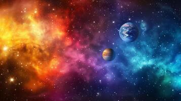 Defocused nebulae and distant galaxies provide a colorful backdrop for the blurry outoffocus outlines of Mercury Venus and Earth in this photo of our Solar System.