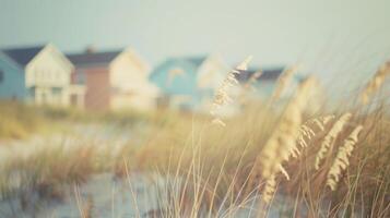 Defocused Image 3 A subtle and whimsical background of gently swaying beach grass and blurred pastelcolored beach houses dotted along the shore exuding a serene coastal charm. photo