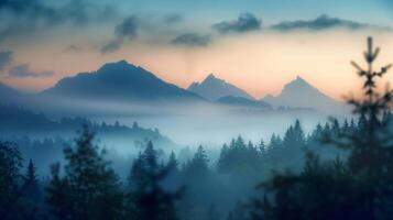 Veiled in a gauzy veil of fog the distant peaks of the enchanted wilderness create a mesmerizing vista inviting one to lose themselves in the magic and mystery of this ethereal wonderland photo