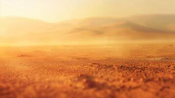 Defocused desert landscape reveals a shimmering expanse of fiery sand and sweltering heat creating a hazy illusion of a mirage in the distance. photo