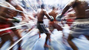 The swirling chaos of blurred ropes corners and sweatcovered bodies as boxers unleash their force in a frenzy of training. photo