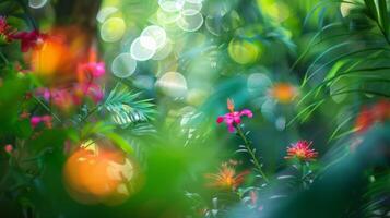 Lush Floral Blur of the Tropics Layers of lush foliage and brightly hued flowers are beautifully blurred exuding a sense of tranquility in this defocused rainforest image. photo
