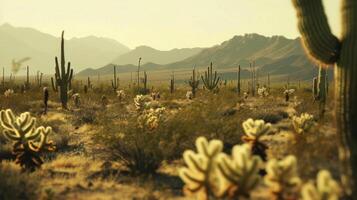 The scorching air distorts the landscape turning distant cacti into wavering shapes on the horizon in a defocused blur. photo