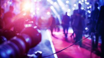 Capturing the essence of a starstudded movie premiere with defocused flashes of paparazzi cameras and the silhouettes of welldressed attendees walking the red carpet. The excitement photo
