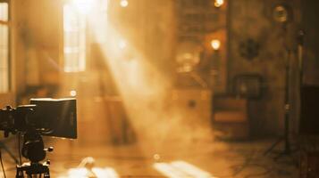 A hazy backdrop of tered studio props and blurred set pieces forms the perfect canvas for the subtle beams of vintage movie lighting. The overall effect is a dreamy nostalgic photo