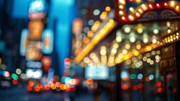 Softly out of focus theater marquee its bold lettering and striking lights creating a mesmerizing backdrop for the bustling city streets. photo