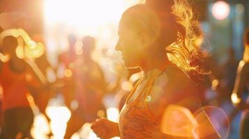 In the defocused background the lively atmosphere of a Zumba class in full swing is portrayed through a hazy blend of lively patterns and movements capturing the essence of this photo