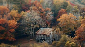 A defocused image of a rustic barn surrounded by trees in varying shades of warm autumn colors evoking a sense of nostalgia and tranquility. photo