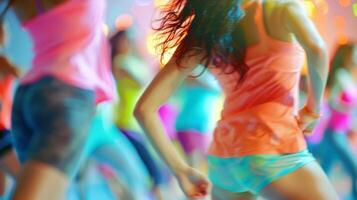 Soft focus image of an energetic Zumba session with a blurred backdrop of swirling bodies and bright hues conveying the harmony and liveliness of the groups synchronized movements. photo