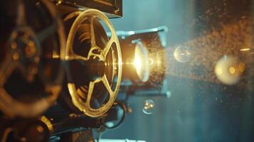 Soft hazy orbs of light swirling around an antique film projector evoking a sense of nostalgia and oldworld charm. photo