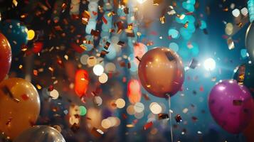 A cinematic shot of a movie premiere with a tering of defocused confetti and balloons in the foreground. The sparkling lights of the venue and the soft glow of the paparazzi flashes photo